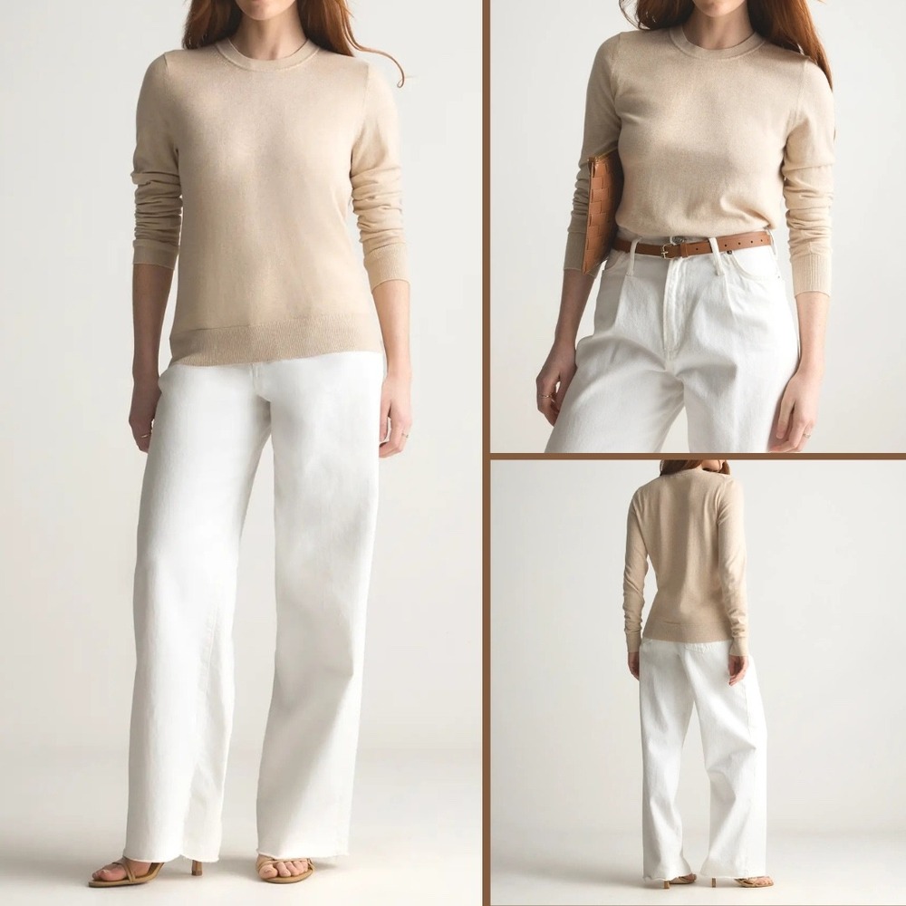 QUINCE Lightweight Organic Cotton Cashmere Crew Neck Sweater XS Tan Prep Minimal